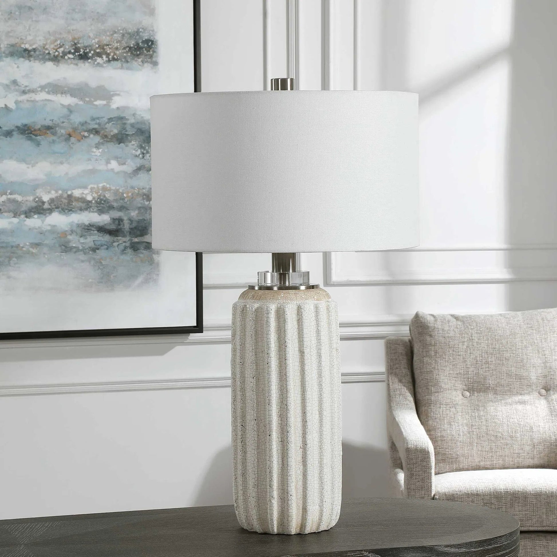 Azariah Table Lamp by Uttermost in white. Made from iron, ceramic, crystal, fabric in a modern style.