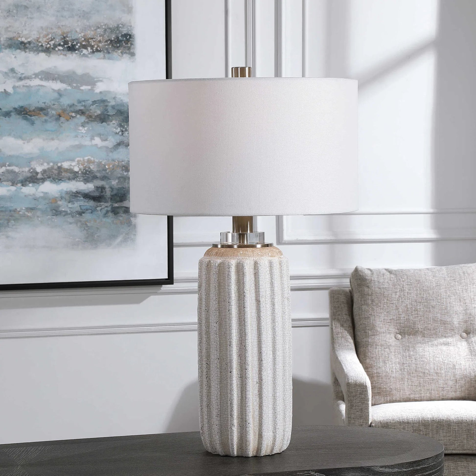Azariah Table Lamp by Uttermost in white. Made from iron, ceramic, crystal, fabric in a modern style.
