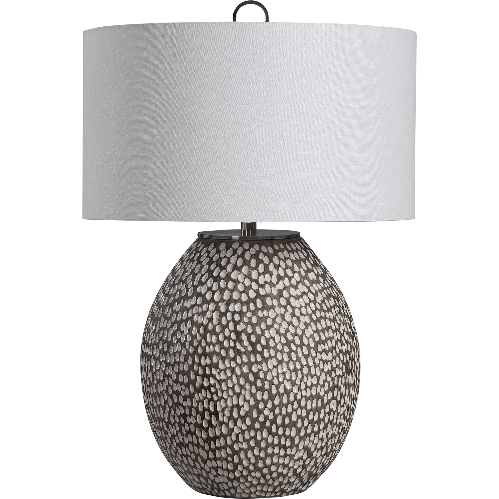 Cyprien Table Lamp by Uttermost in gray. Made from iron, ceramic, fabric in a modern style.