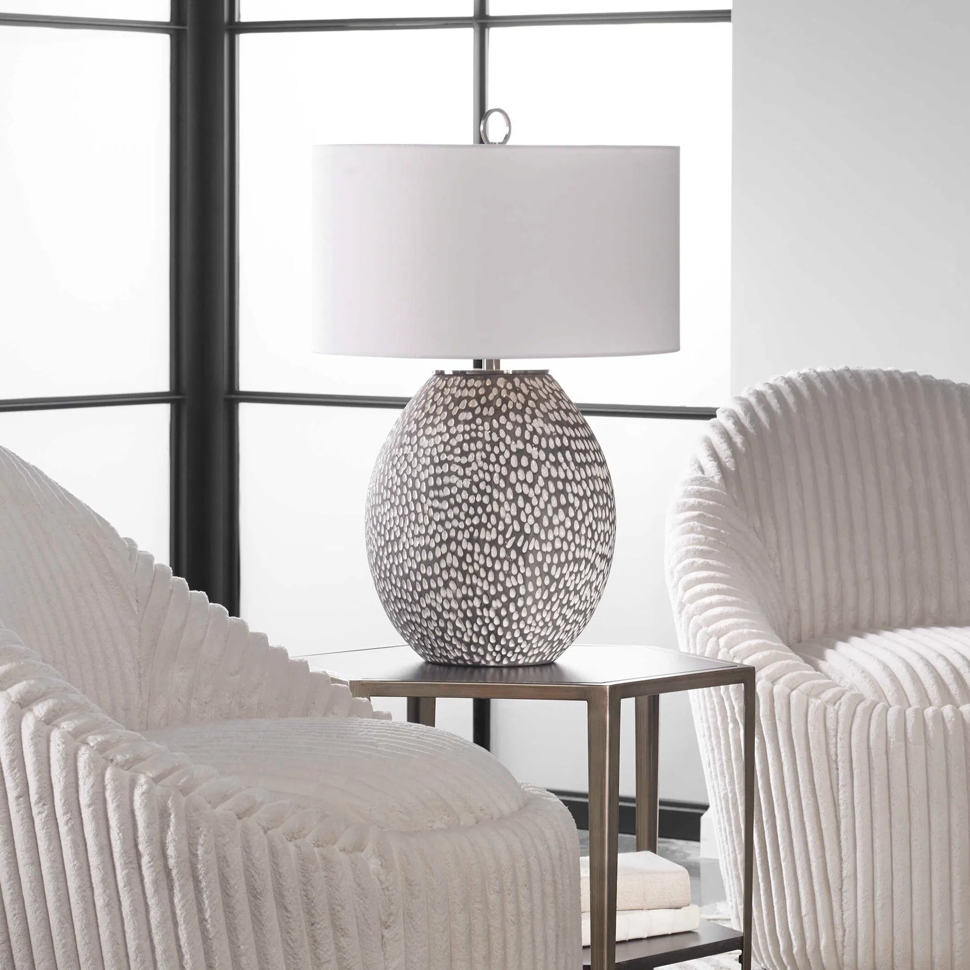 Cyprien Table Lamp by Uttermost in gray. Made from iron, ceramic, fabric in a modern style.
