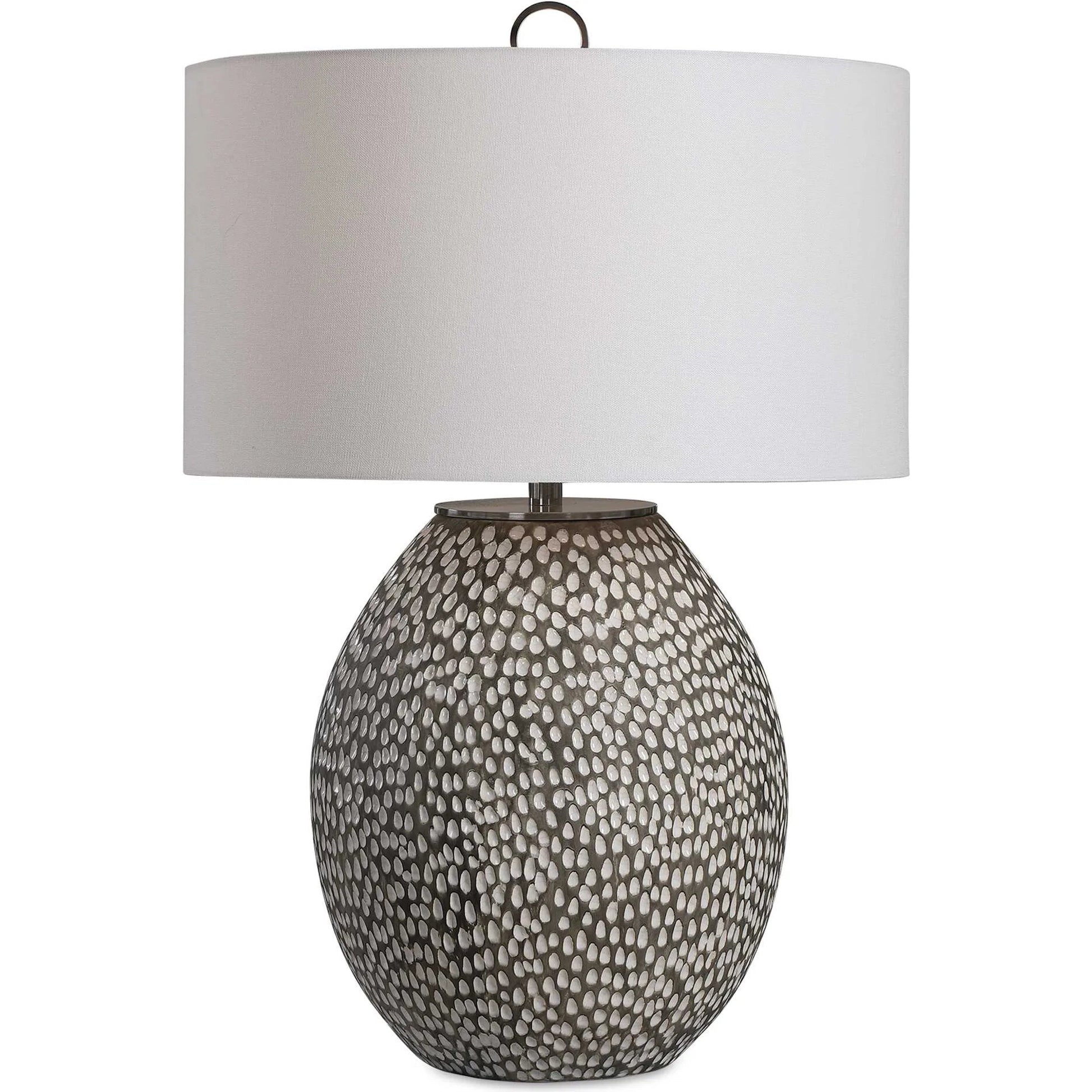 Cyprien Table Lamp by Uttermost in gray. Made from iron, ceramic, fabric in a modern style.