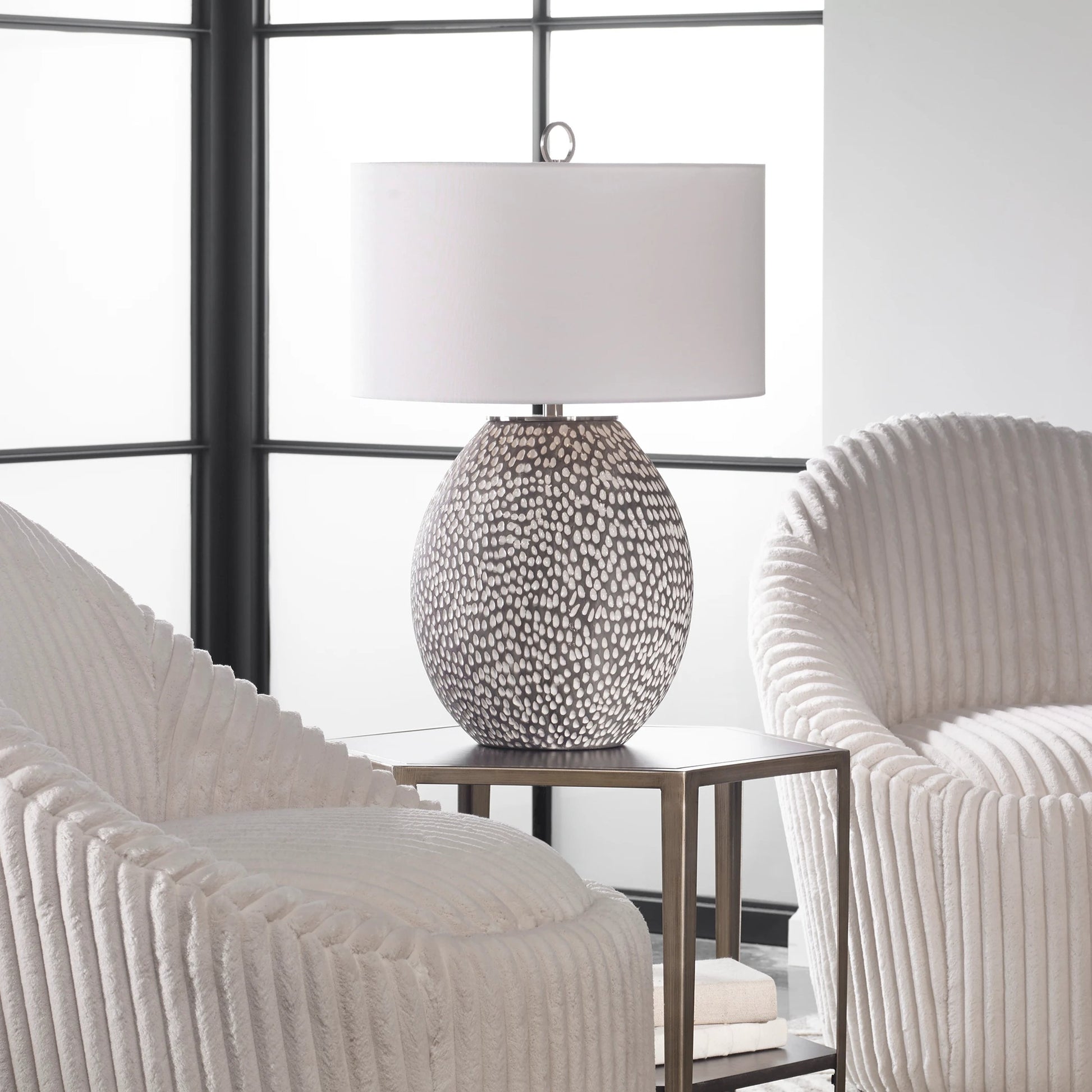 Cyprien Table Lamp by Uttermost in gray. Made from iron, ceramic, fabric in a modern style.