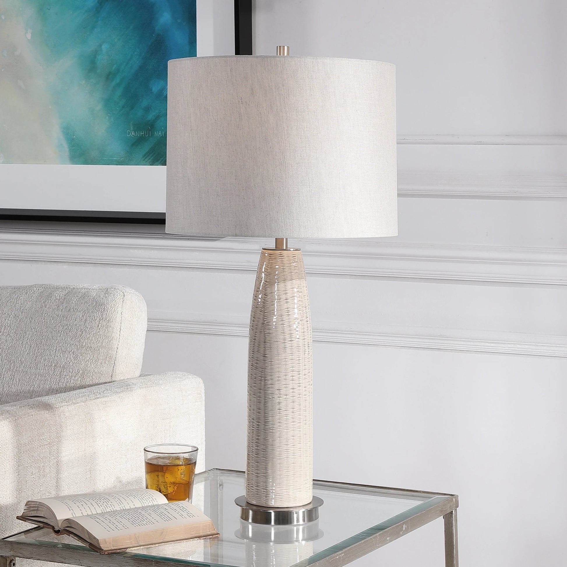 Delgado Table Lamp by Uttermost in gray. Made from ceramic, iron in a modern style.
