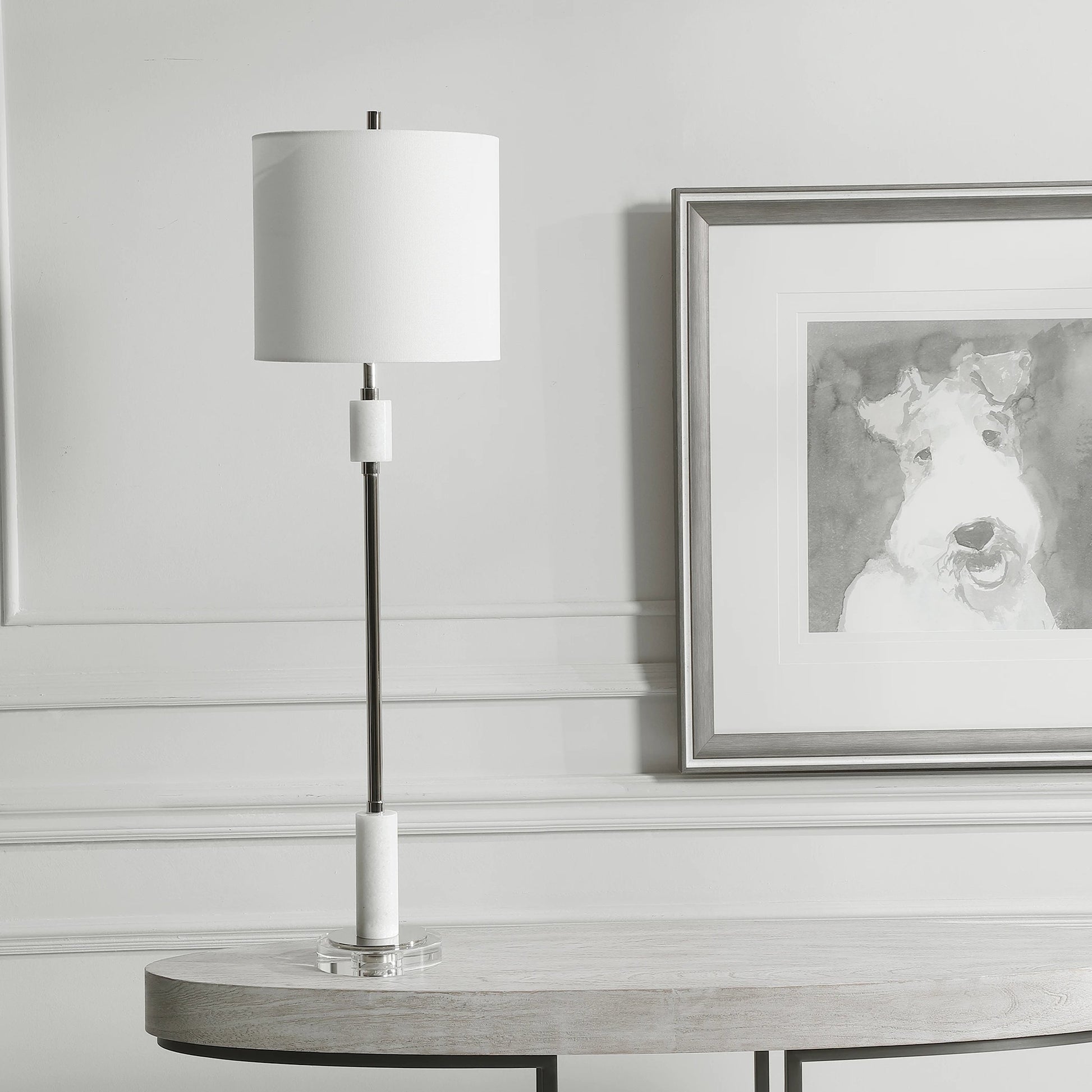 Sussex Buffet Lamp by Uttermost in nickel. Made from crystal, marble, steel, fabric in a transitional style.