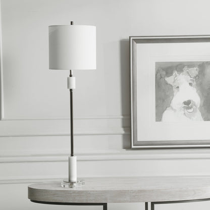 Sussex Buffet Lamp by Uttermost in nickel. Made from crystal, marble, steel, fabric in a transitional style.