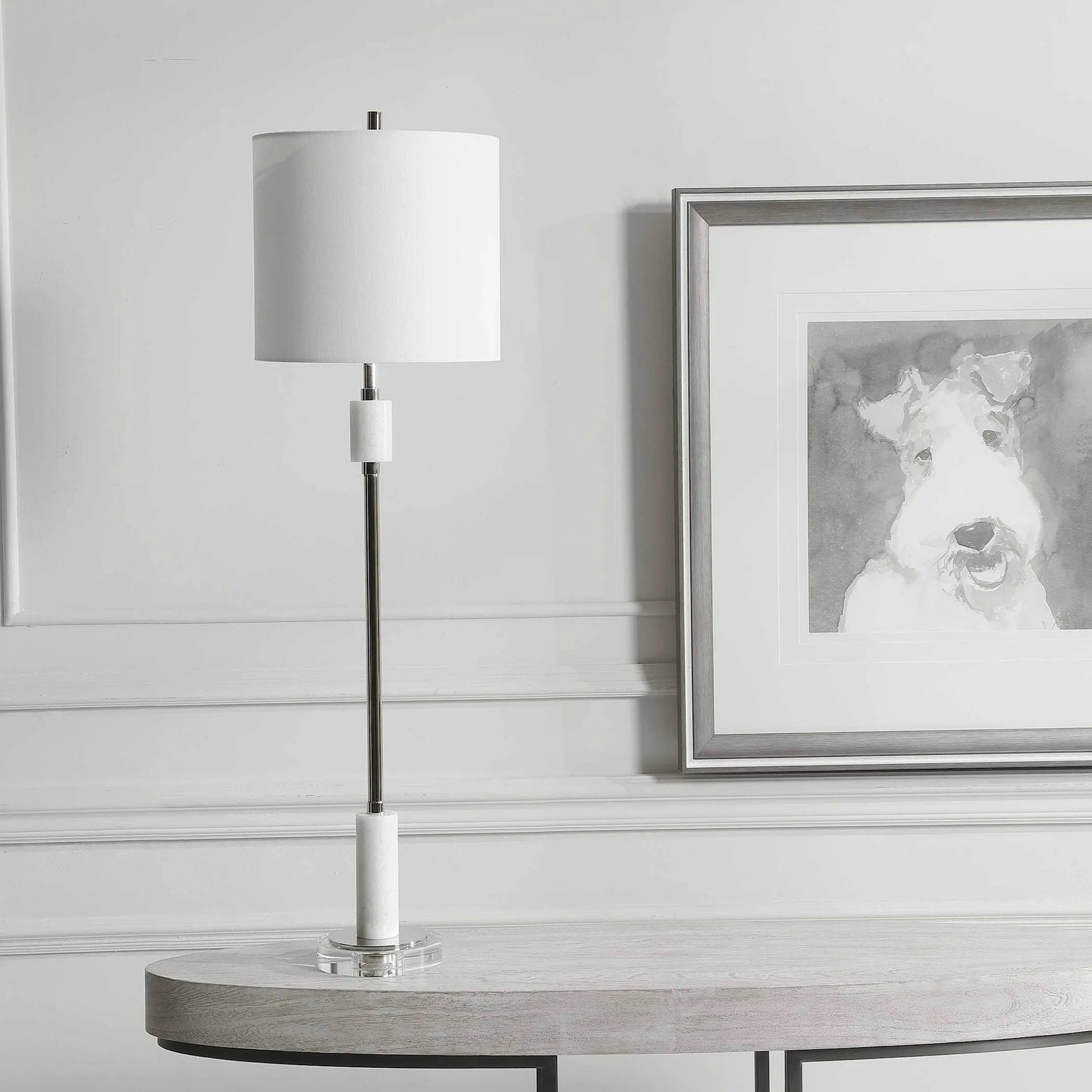 Sussex Buffet Lamp by Uttermost in nickel. Made from crystal, marble, steel, fabric in a transitional style.