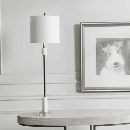 Sussex Buffet Lamp by Uttermost in nickel. Made from crystal, marble, steel, fabric in a transitional style.