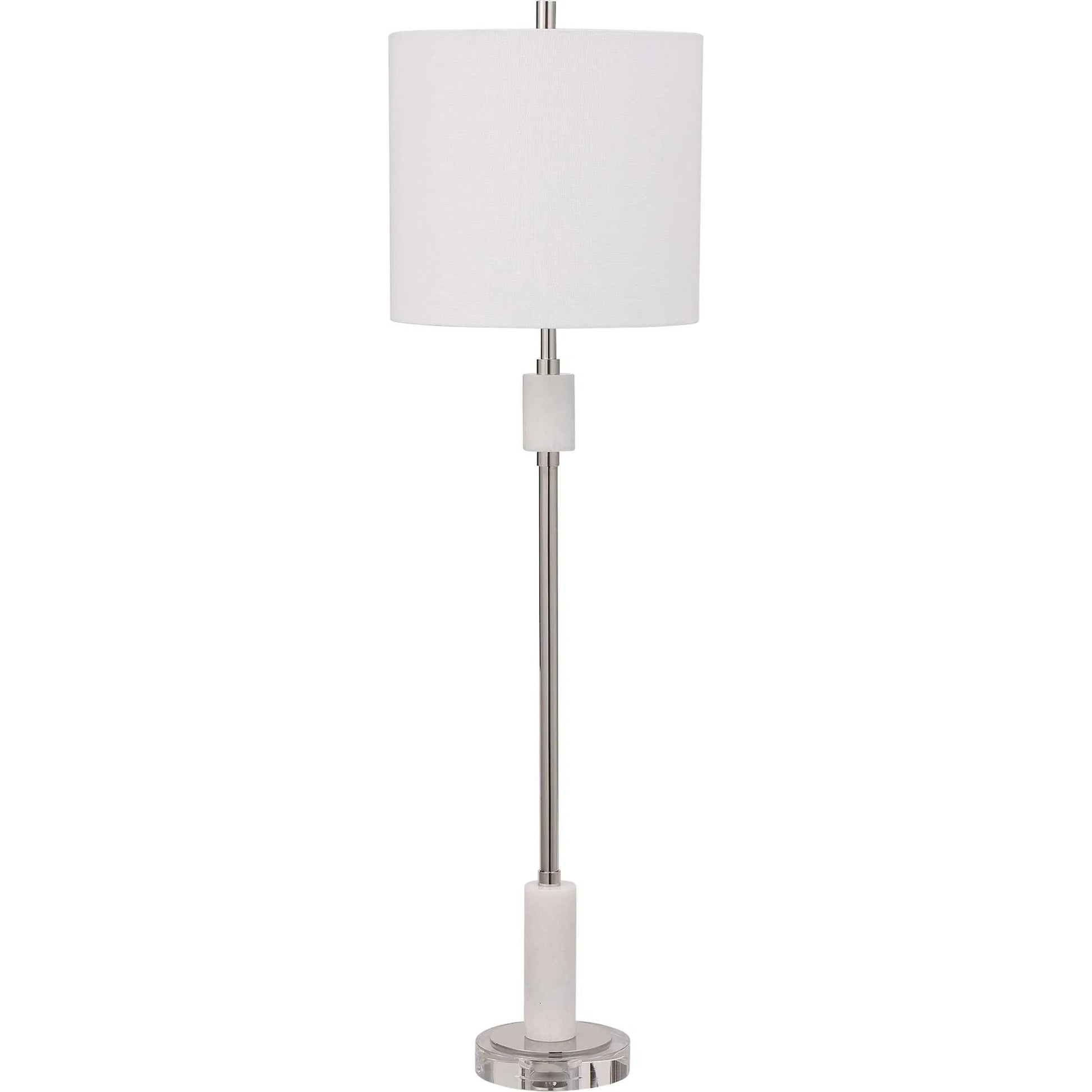 Sussex Buffet Lamp by Uttermost in nickel. Made from crystal, marble, steel, fabric in a transitional style.