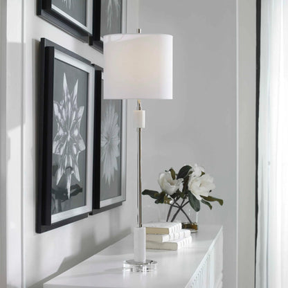 Sussex Buffet Lamp by Uttermost in nickel. Made from crystal, marble, steel, fabric in a transitional style.