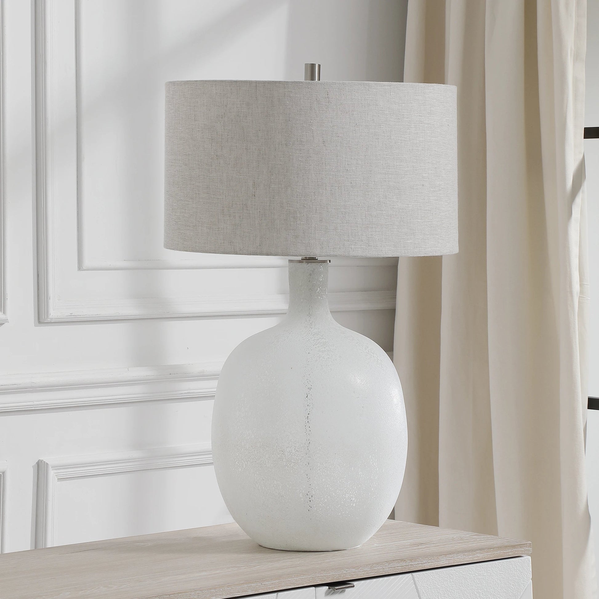 Whiteout Mottled Glass Table Lamp by Uttermost. Made from steel, glass, fabric in a cottage & farmhouse style.