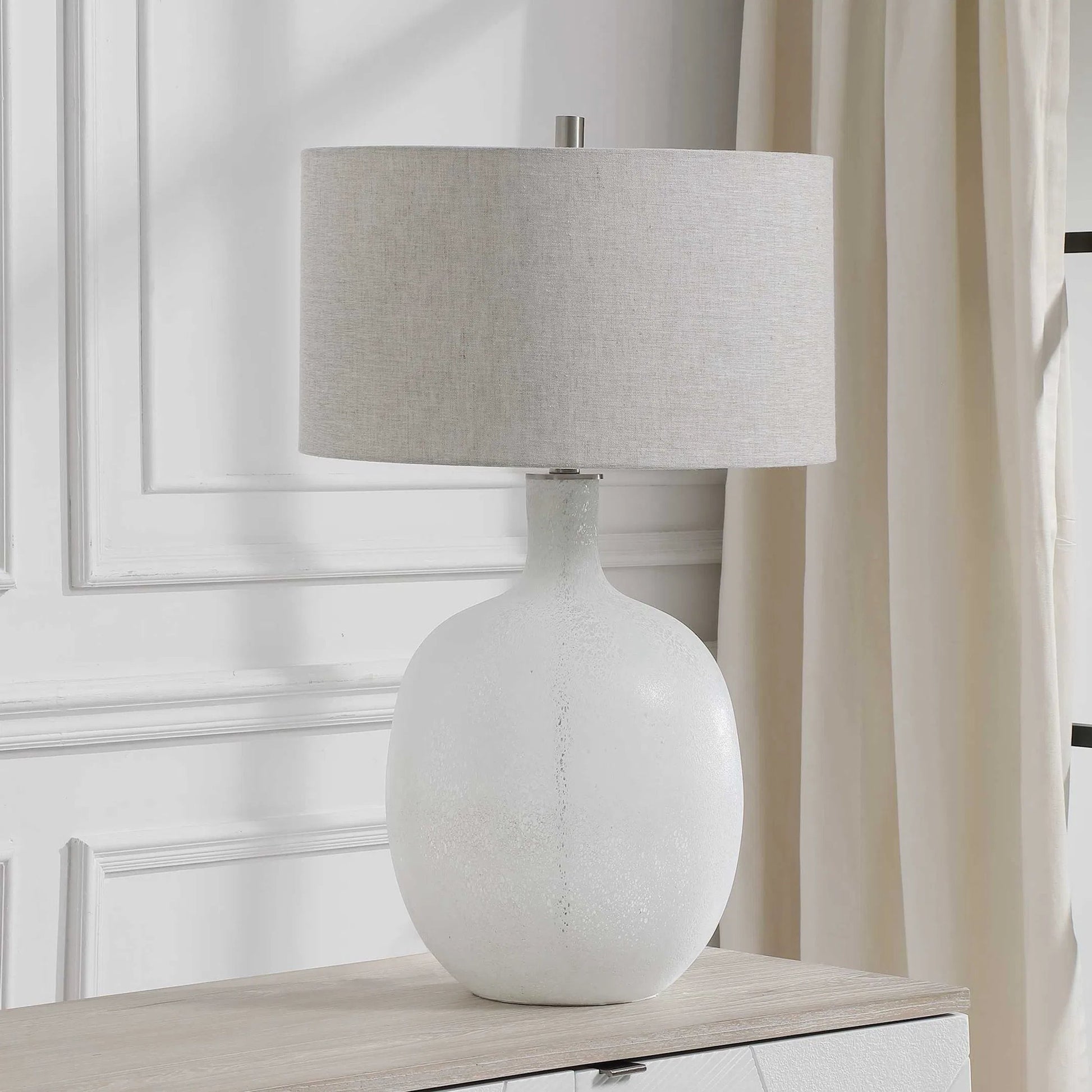 Whiteout Mottled Glass Table Lamp by Uttermost. Made from steel, glass, fabric in a cottage & farmhouse style.