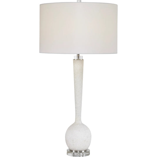 Kently Table Lamp by Uttermost in white. Made from steel, crystal, rice stone, fabric in a modern style.