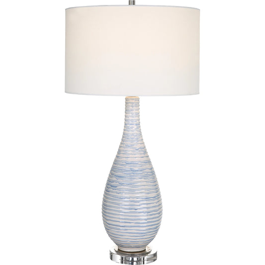 Clariot Table Lamp by Uttermost in soft blue, white. Made from iron, crystal, fabric, ceramic in a transitional style.