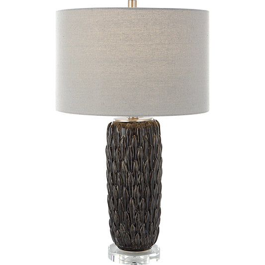 Nettle Table Lamp by Uttermost in mushroom gray. Made from crystal, metal, ceramic, fabric in a transitional style.