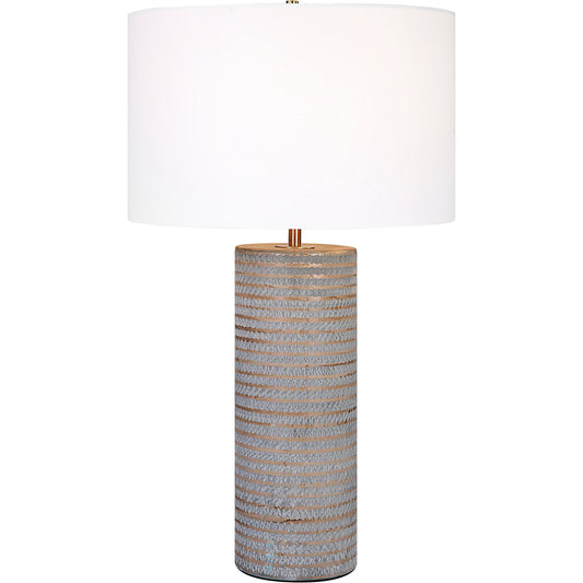 Monolith Table Lamp by Uttermost in pewter gray, antique brass. Made from ceramic, iron, fabric in a transitional style.