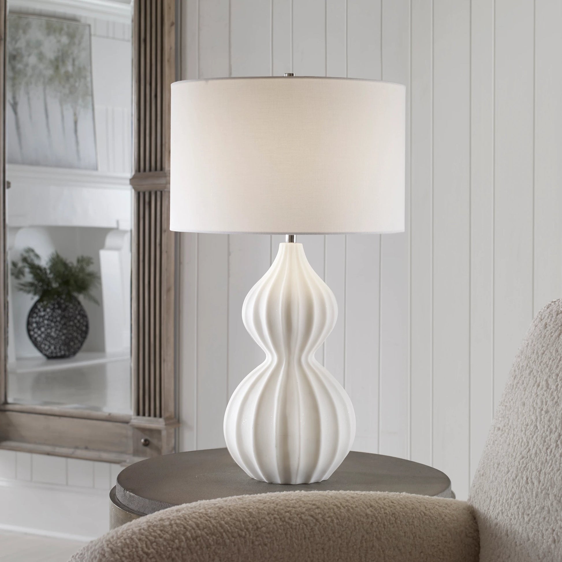 Antoinette Table Lamp by Uttermost in ivory. Made from mad-made stone, iron, fabric in a coastal style.