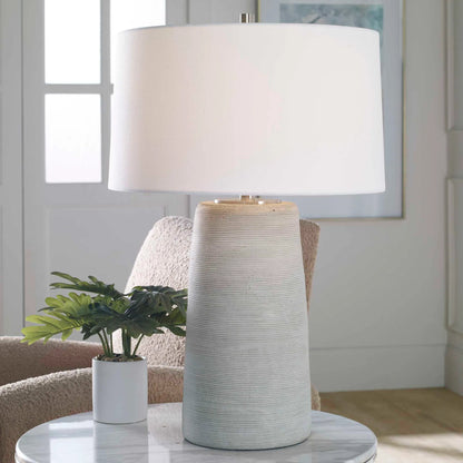 Mountainscape Table Lamp by Uttermost in off white, gray. Made from steel, ceramic, fabric in a modern style.