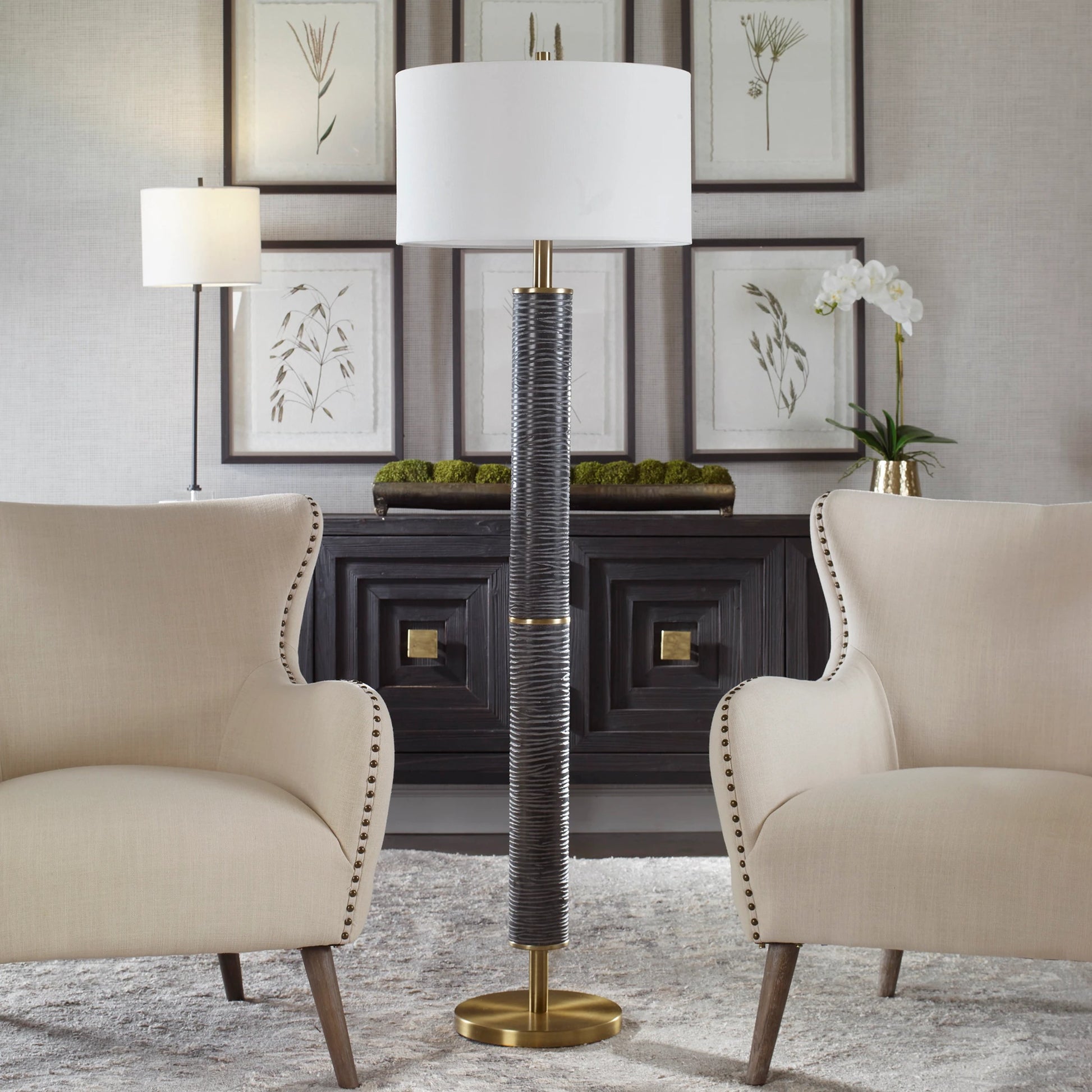 Summit Floor Lamp by Uttermost in brass. Made from resin, iron in a modern style.