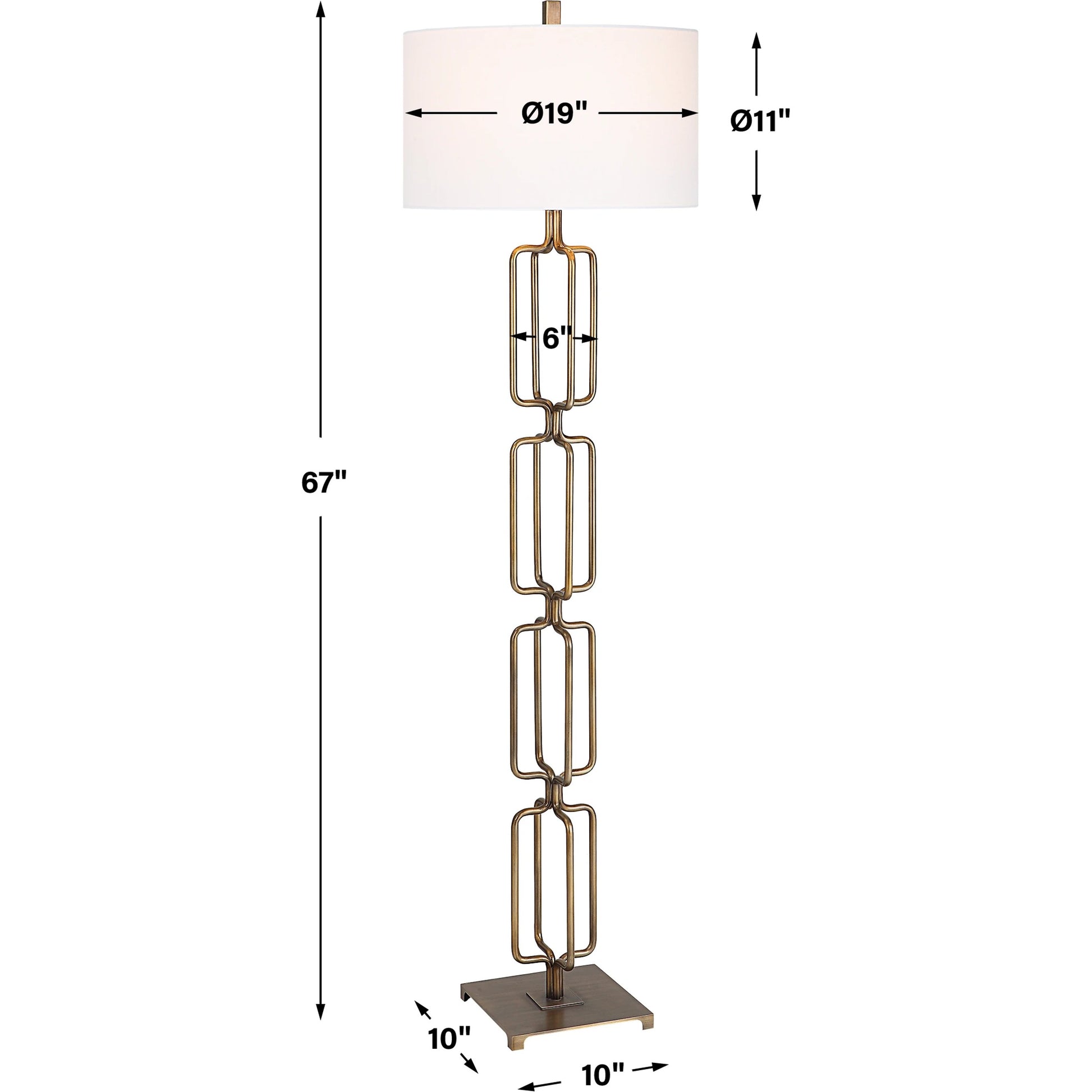 Link Floor Lamp by Uttermost in antique gold. Made from iron, fabric in a modern style.