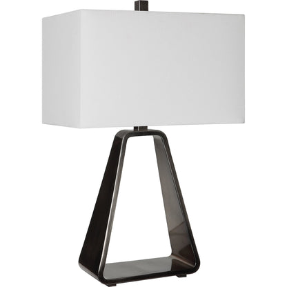 Halo Table Lamp by Uttermost in antique nickel. Made from steel, fabric in a modern style.
