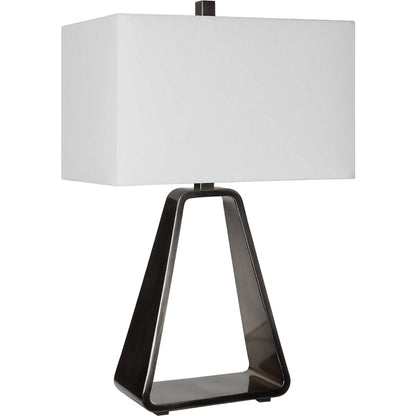 Halo Table Lamp by Uttermost in antique nickel. Made from steel, fabric in a modern style.