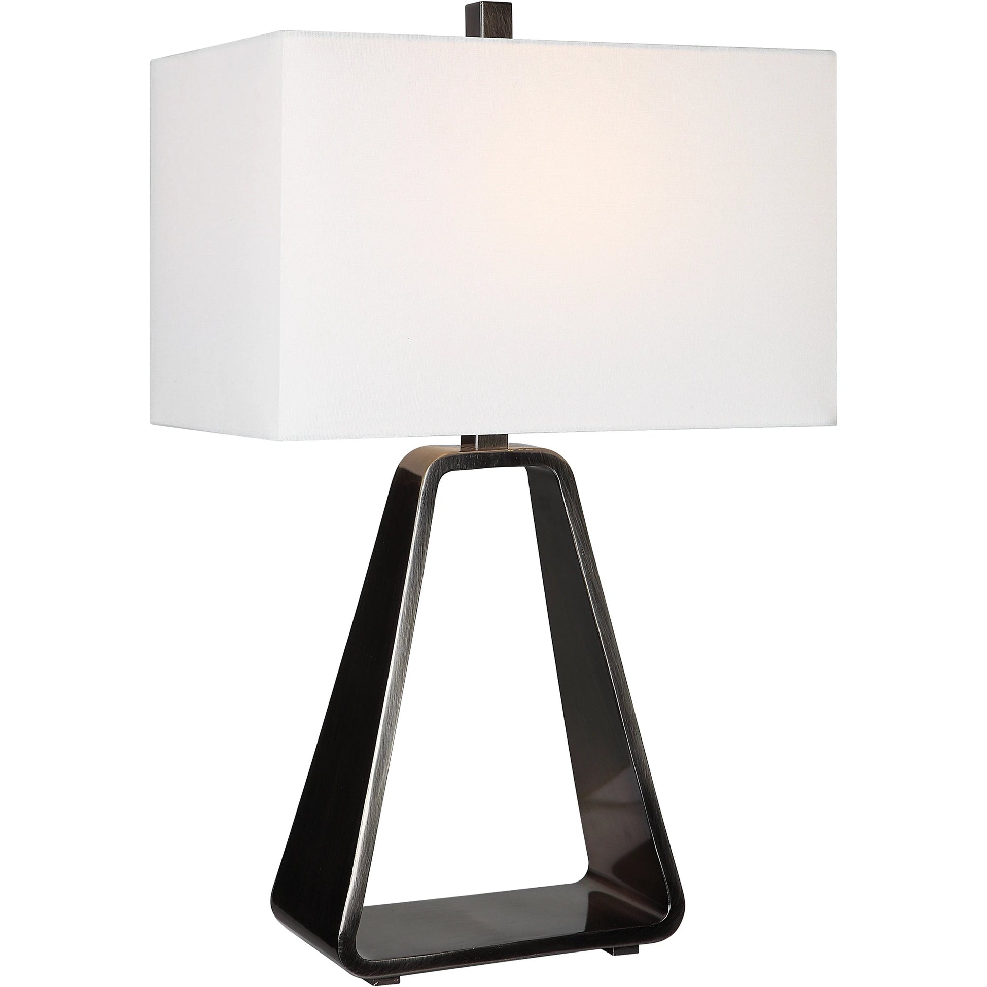 Halo Table Lamp by Uttermost in antique nickel. Made from steel, fabric in a modern style.