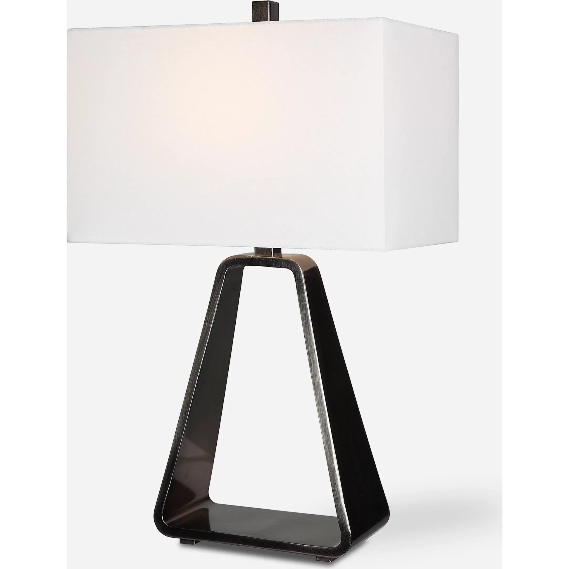Halo Table Lamp by Uttermost in antique nickel. Made from steel, fabric in a modern style.