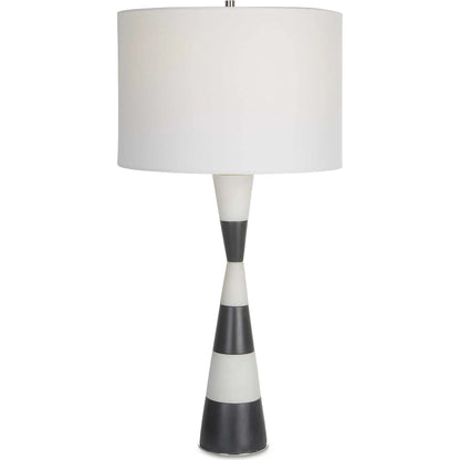 Bandeau Banded Table Lamp by Uttermost in black, white. Made from rice stone, iron, linen, resin in a modern style.