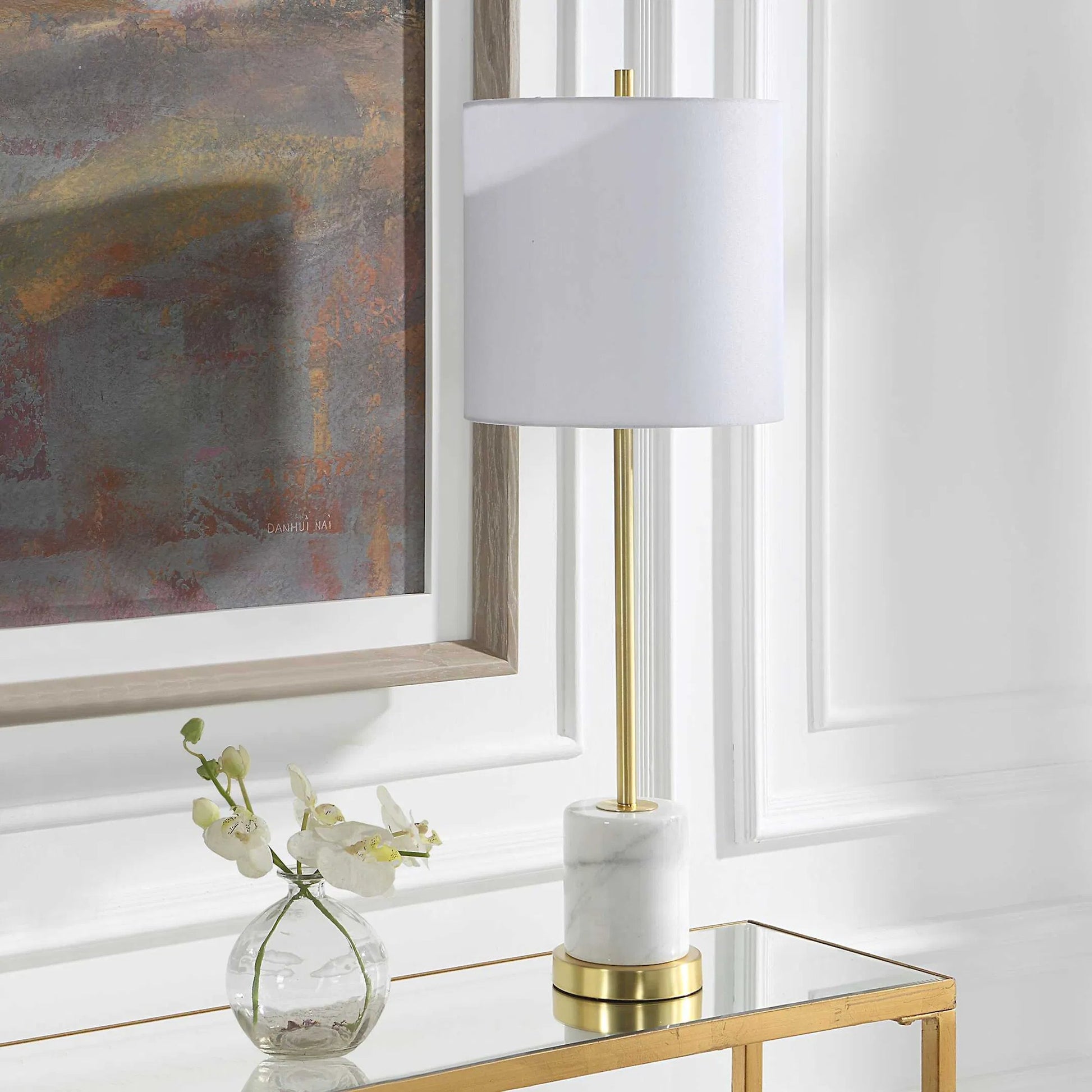 Turret Buffet Lamp by Uttermost in brushed gold. Made from marble, metal, fabric in a modern style.