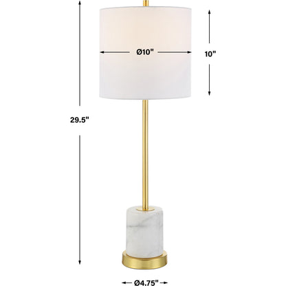 Turret Buffet Lamp by Uttermost in brushed gold. Made from marble, metal, fabric in a modern style.