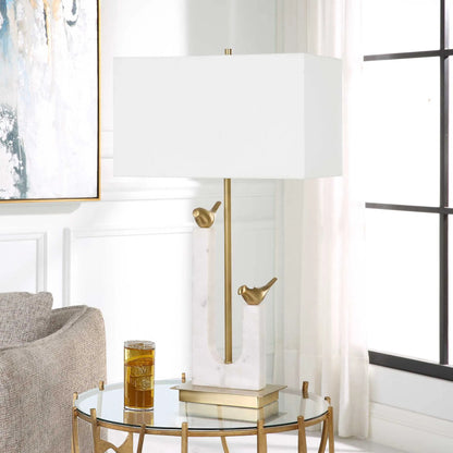 Songbirds Table Lamp by Uttermost in white, brushed brass. Made from marble, iron, brass, fabric in a modern style.