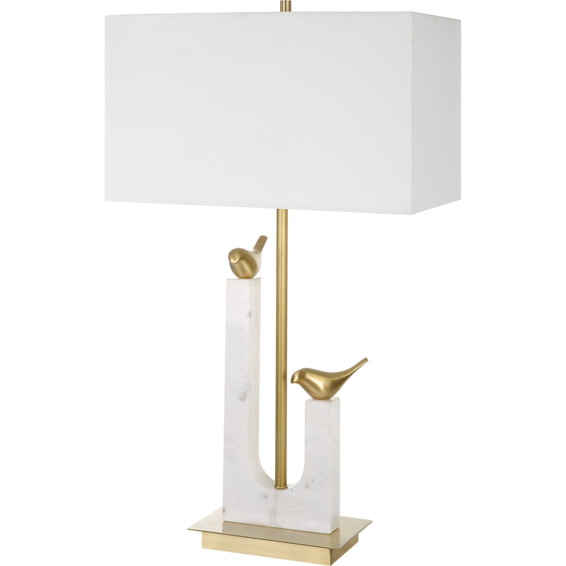Songbirds Table Lamp by Uttermost in white, brushed brass. Made from marble, iron, brass, fabric in a modern style.