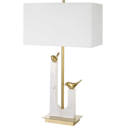 Songbirds Table Lamp by Uttermost in white, brushed brass. Made from marble, iron, brass, fabric in a modern style.