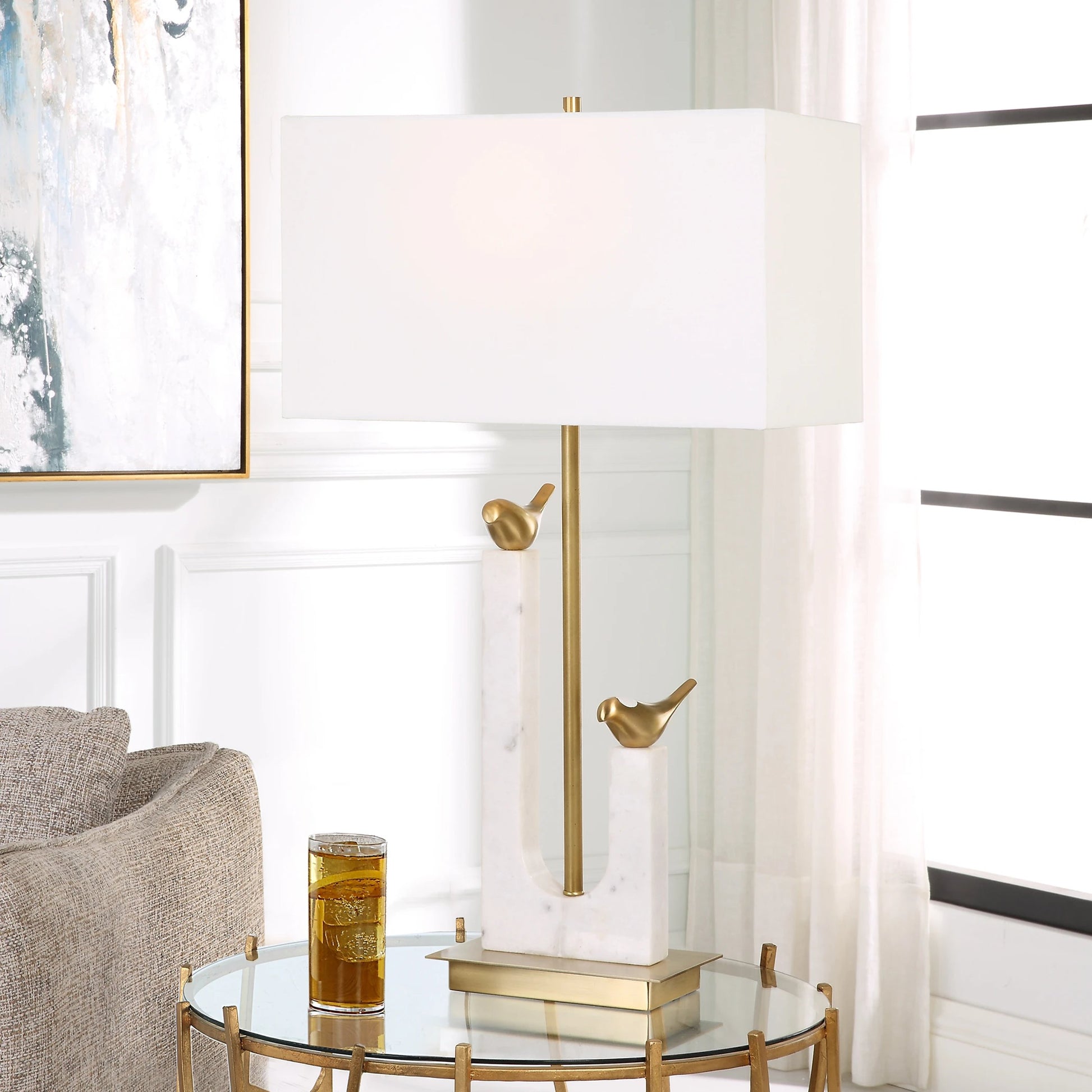 Songbirds Table Lamp by Uttermost in white, brushed brass. Made from marble, iron, brass, fabric in a modern style.