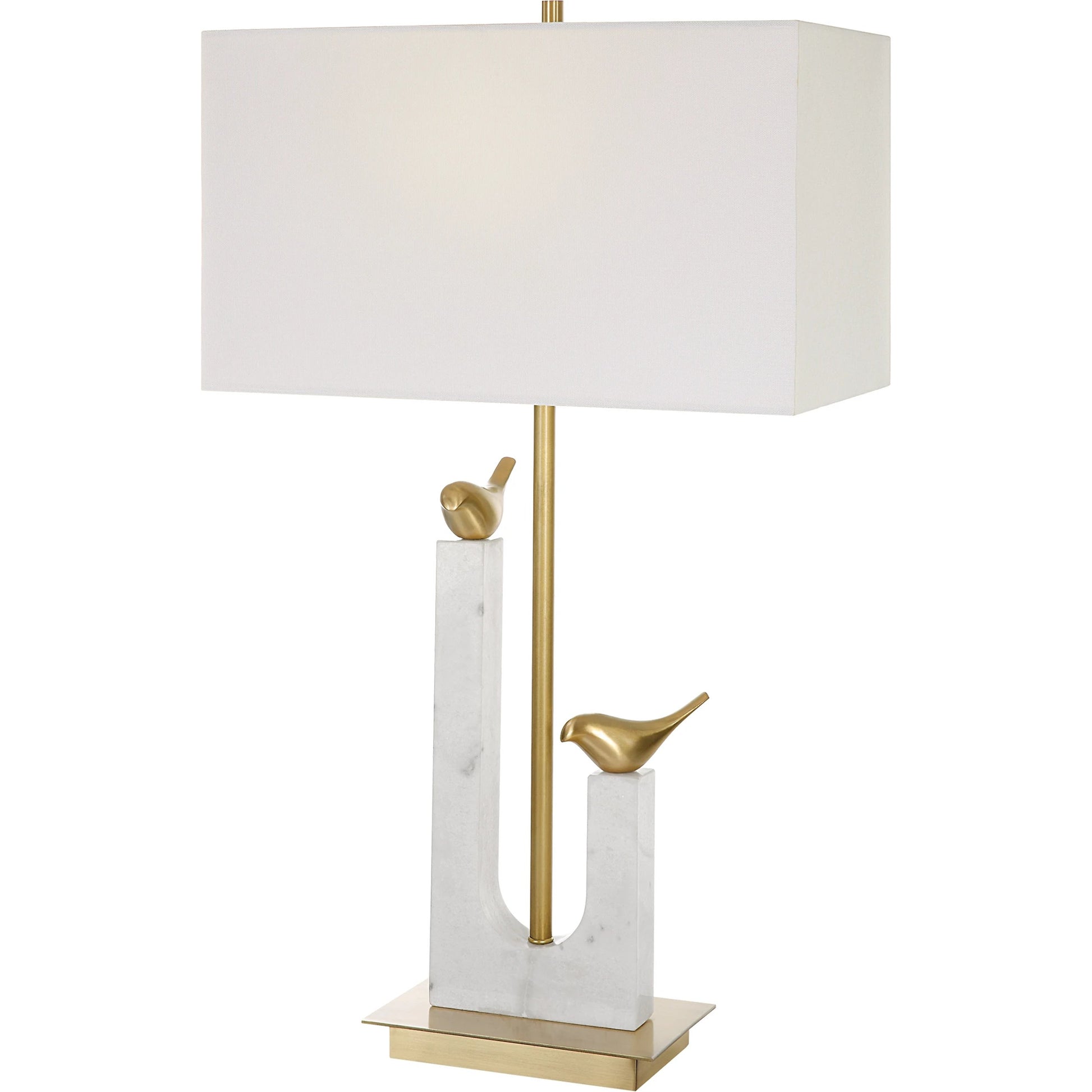 Songbirds Table Lamp by Uttermost in white, brushed brass. Made from marble, iron, brass, fabric in a modern style.