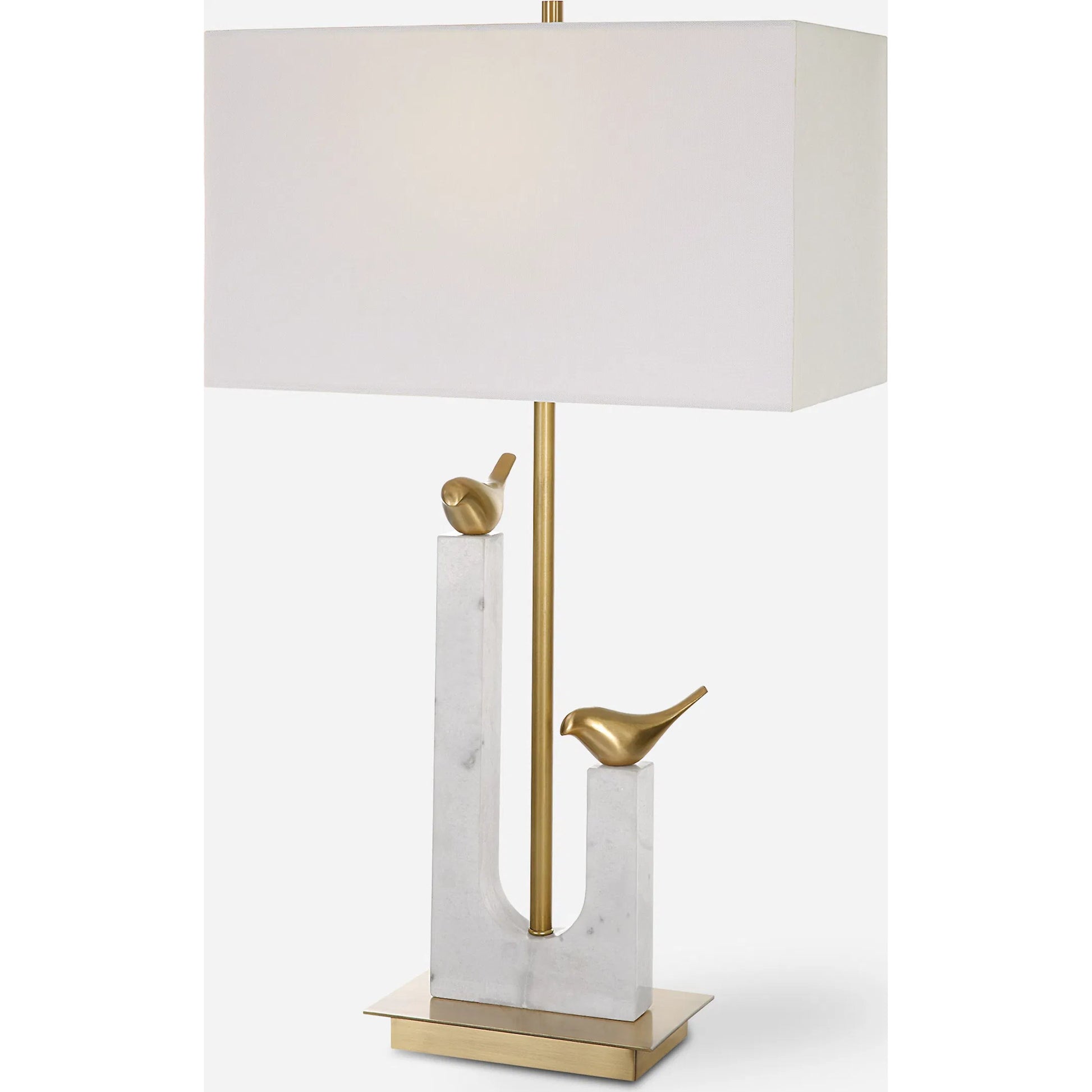 Songbirds Table Lamp by Uttermost in white, brushed brass. Made from marble, iron, brass, fabric in a modern style.