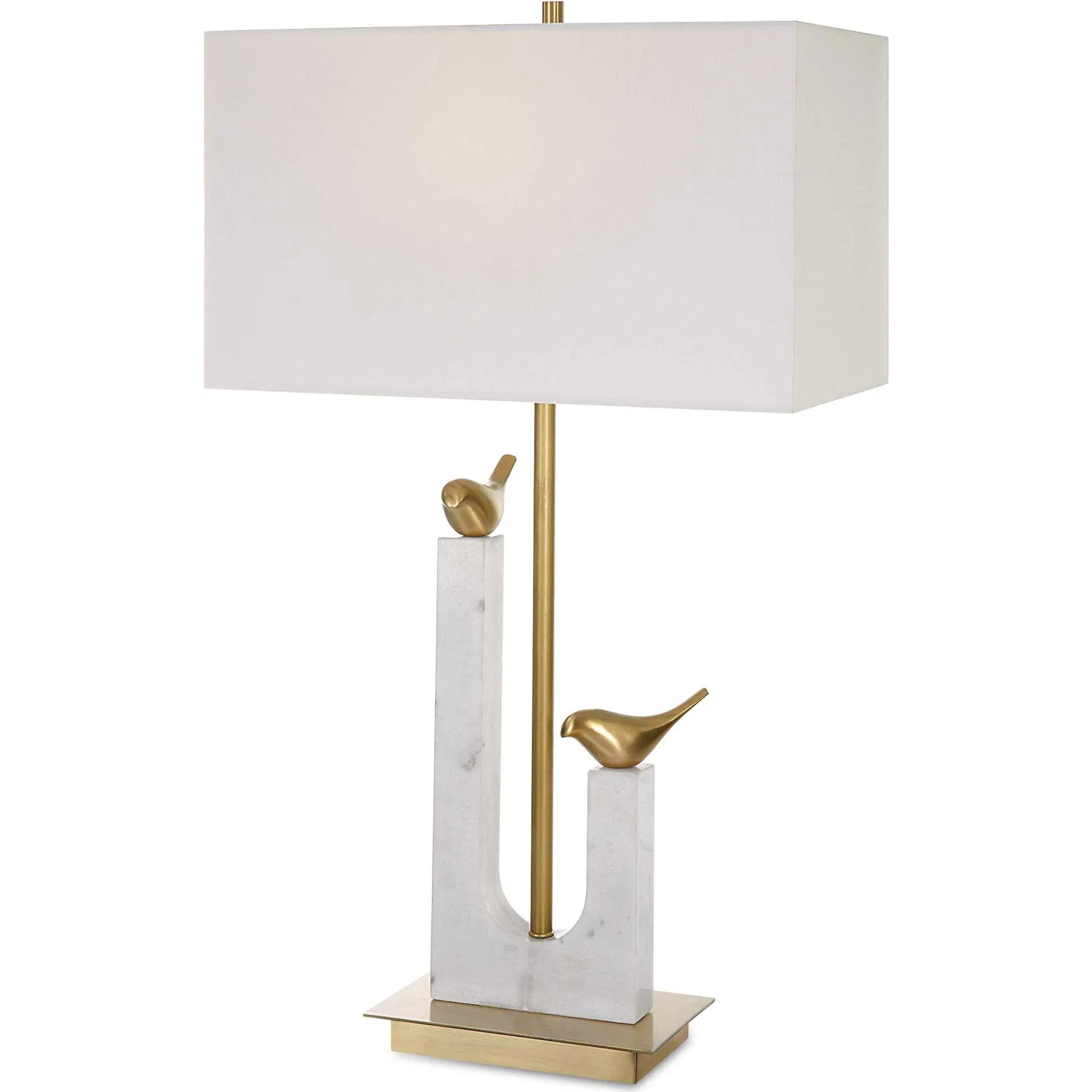 Songbirds Table Lamp by Uttermost in white, brushed brass. Made from marble, iron, brass, fabric in a modern style.