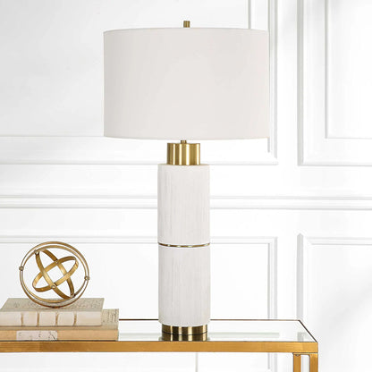 Ruse Table Lamp by Uttermost in whitewash, brushed brass. Made from resin, iron, fabric in a modern style.