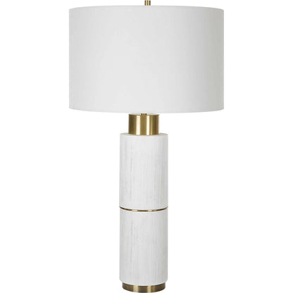 Ruse Table Lamp by Uttermost in whitewash, brushed brass. Made from resin, iron, fabric in a modern style.