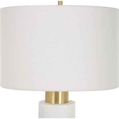 Ruse Table Lamp by Uttermost in whitewash, brushed brass. Made from resin, iron, fabric in a modern style.