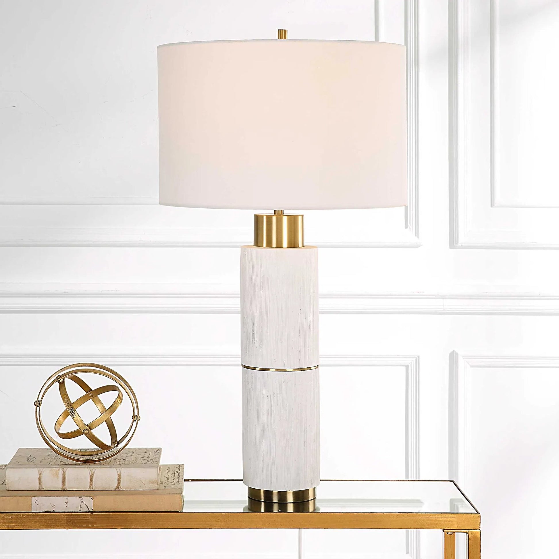 Ruse Table Lamp by Uttermost in whitewash, brushed brass. Made from resin, iron, fabric in a modern style.