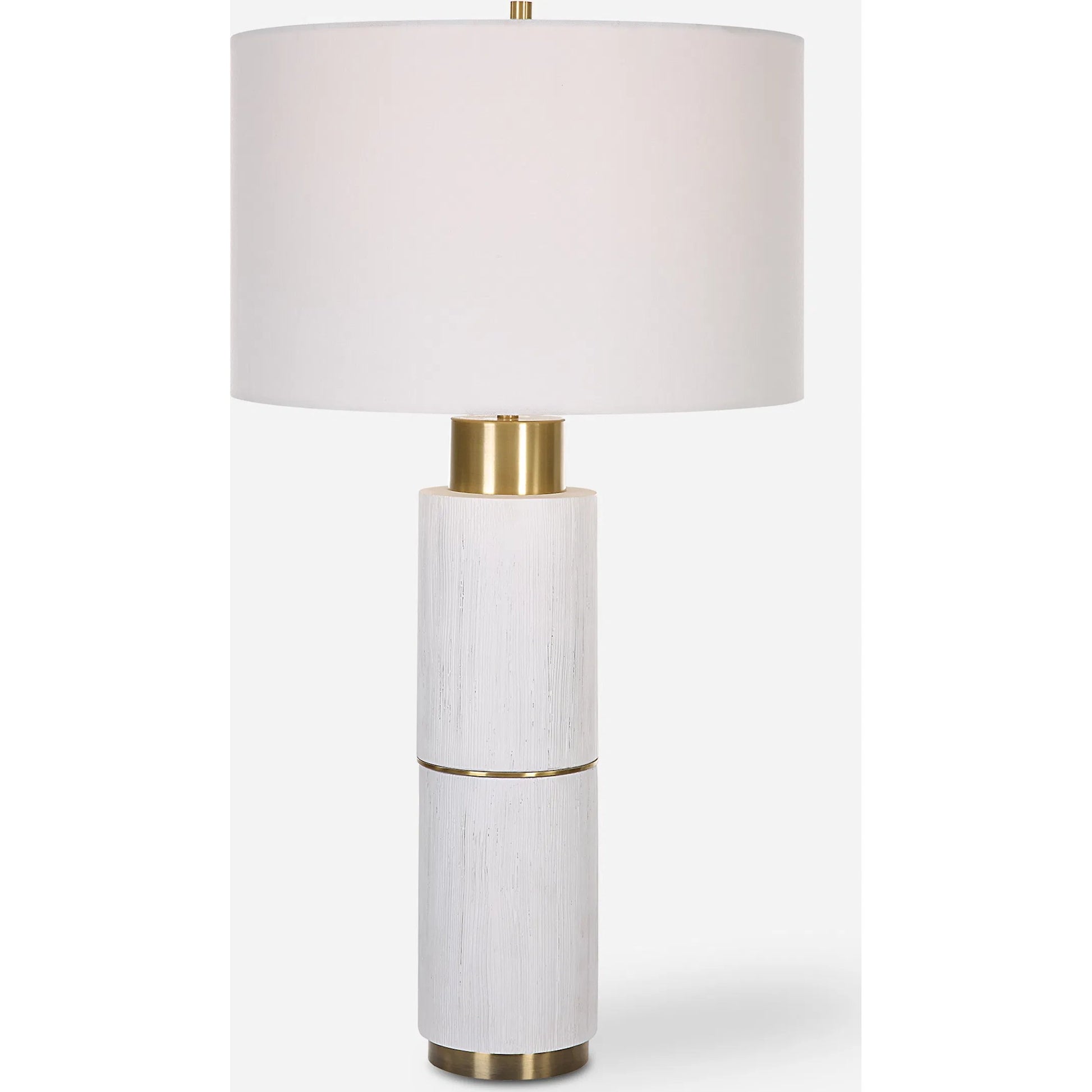 Ruse Table Lamp by Uttermost in whitewash, brushed brass. Made from resin, iron, fabric in a modern style.
