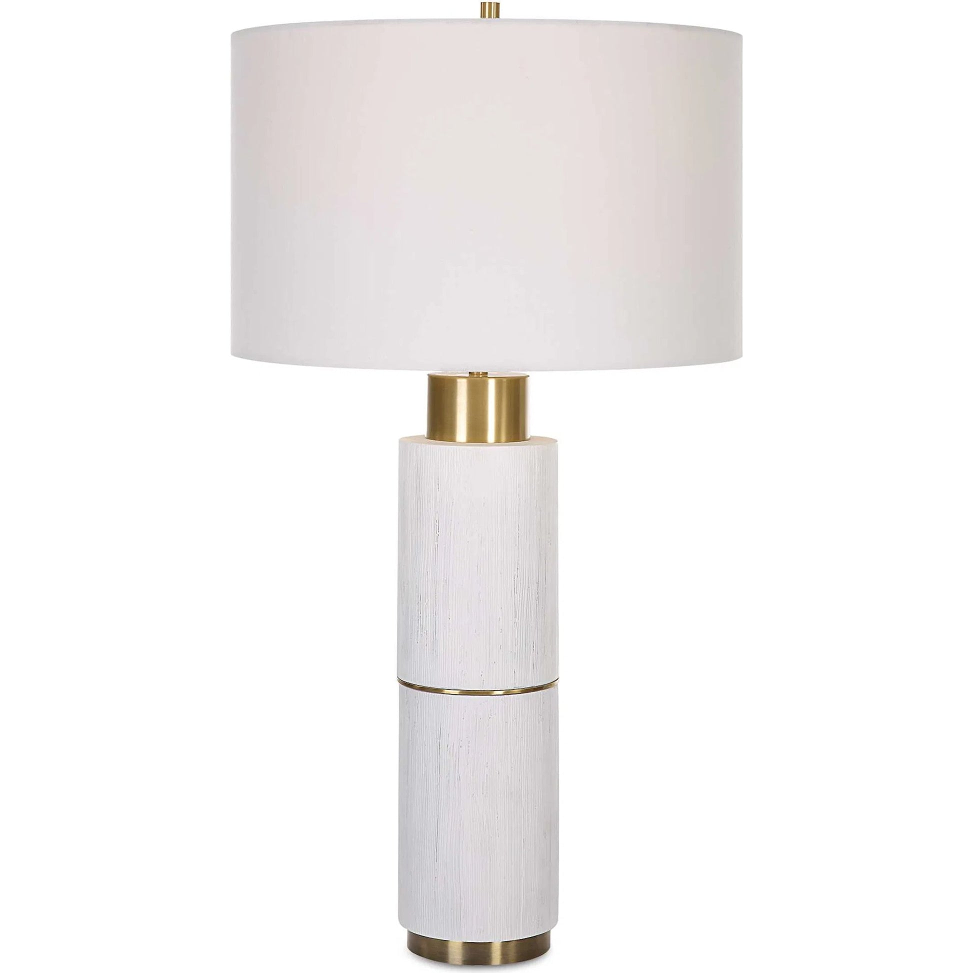 Ruse Table Lamp by Uttermost in whitewash, brushed brass. Made from resin, iron, fabric in a modern style.