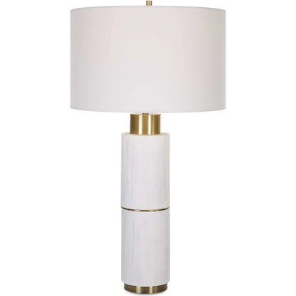 Ruse Table Lamp by Uttermost in whitewash, brushed brass. Made from resin, iron, fabric in a modern style.
