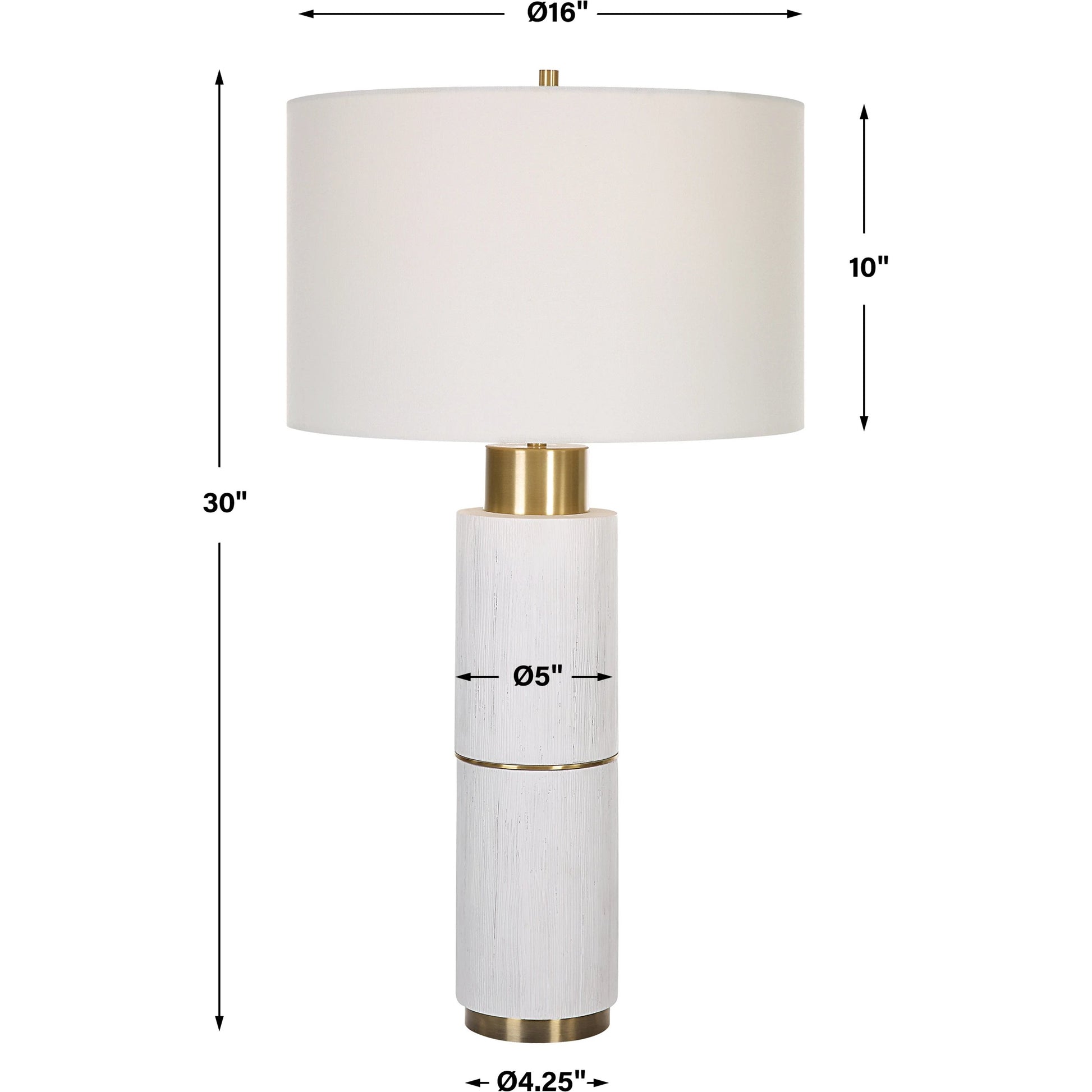 Ruse Table Lamp by Uttermost in whitewash, brushed brass. Made from resin, iron, fabric in a modern style.