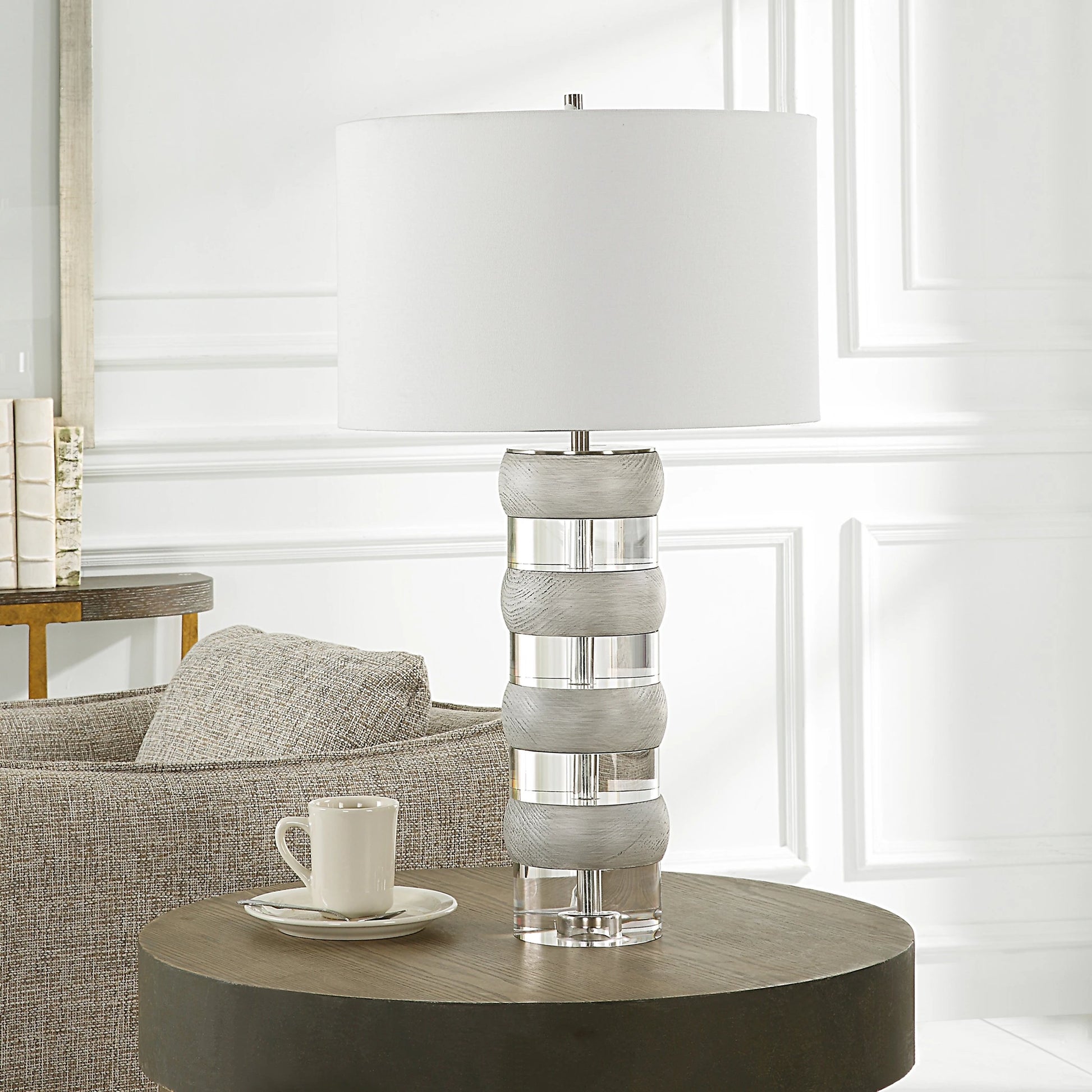 Band Together Table Lamp by Uttermost in bleach wood, nickel. Made from crystal, wood, iron, fabric in a modern style.