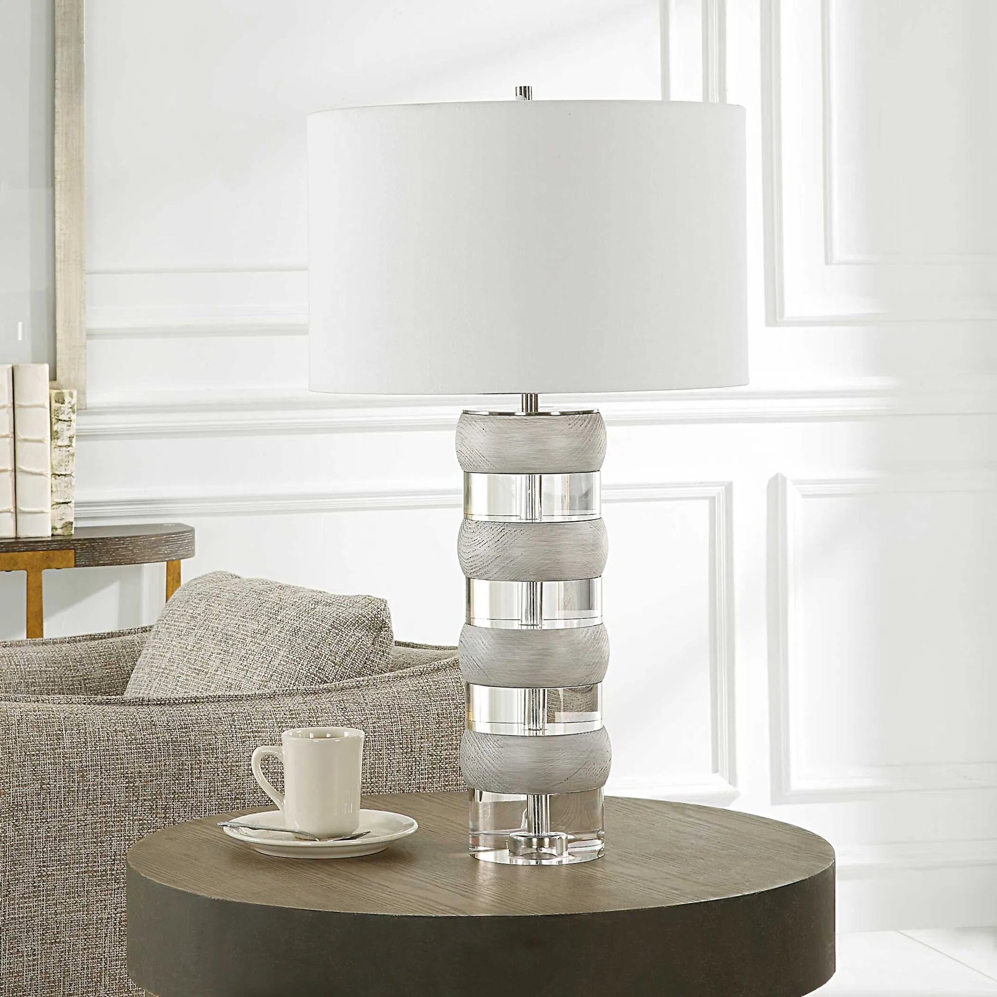 Band Together Table Lamp by Uttermost in bleach wood, nickel. Made from crystal, wood, iron, fabric in a modern style.