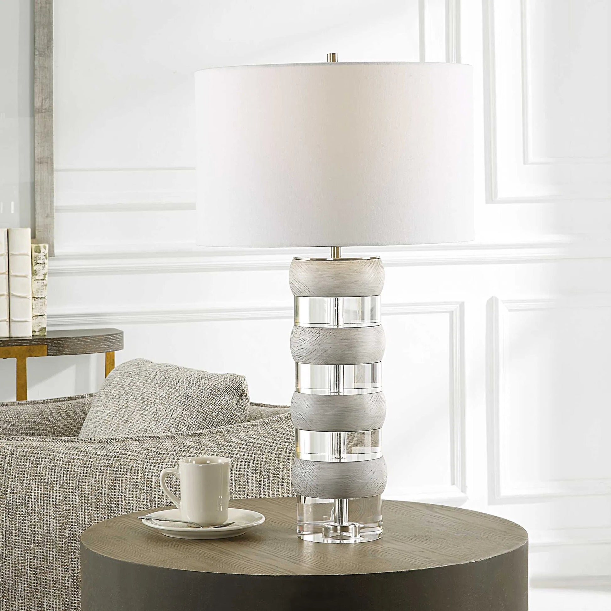 Band Together Table Lamp by Uttermost in bleach wood, nickel. Made from crystal, wood, iron, fabric in a modern style.
