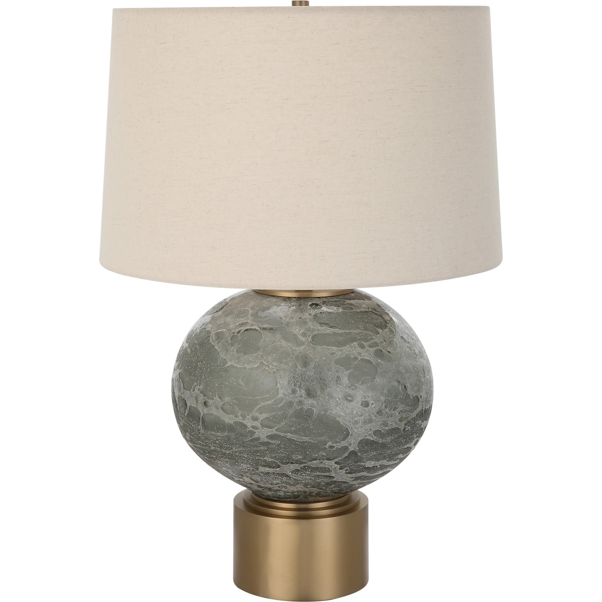 Lunia Table Lamp by Uttermost in smoky gray. Made from iron, glass, linen in a modern style.