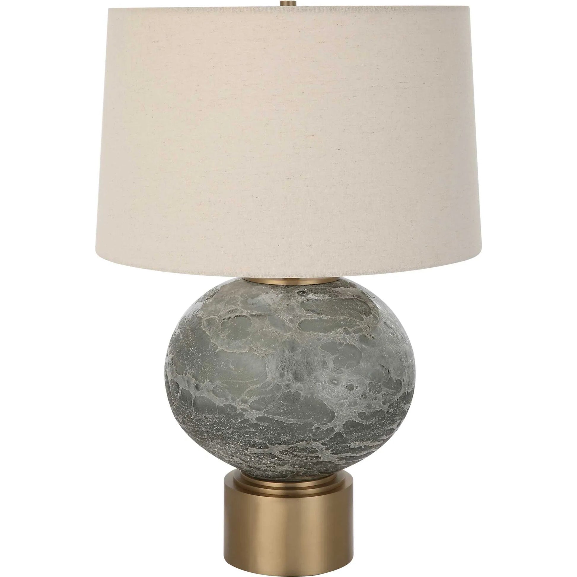Lunia Table Lamp by Uttermost in smoky gray. Made from iron, glass, linen in a modern style.